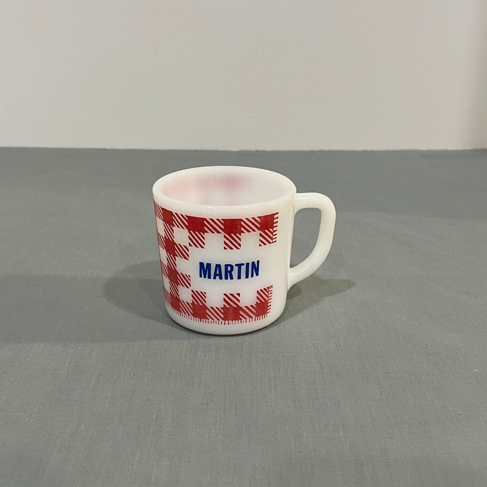 Vintage Westfield Mug White Red Gingham Martin Personalized Milk Glass